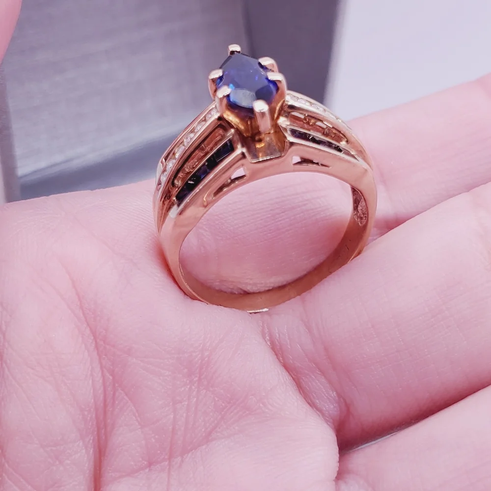 10k Solid Yellow Gold Genuine Marquise Blue Sapphire & Diamond Statement Ring
